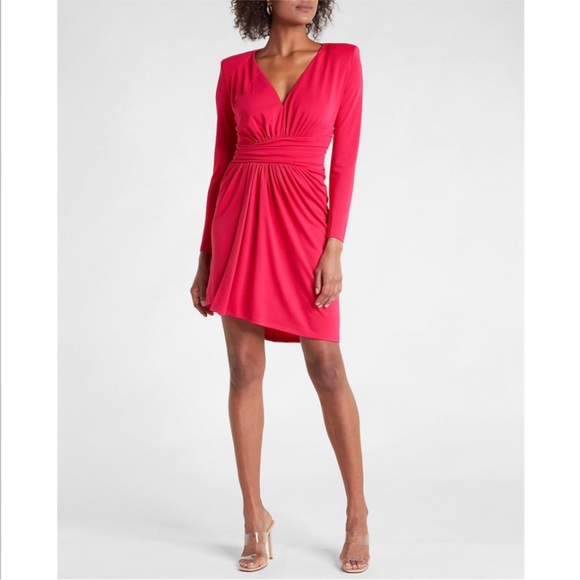 Express Draped V-Neck Strong Shoulder Mini Dress Flamingo Pink XXSP - Picture 5 of 11